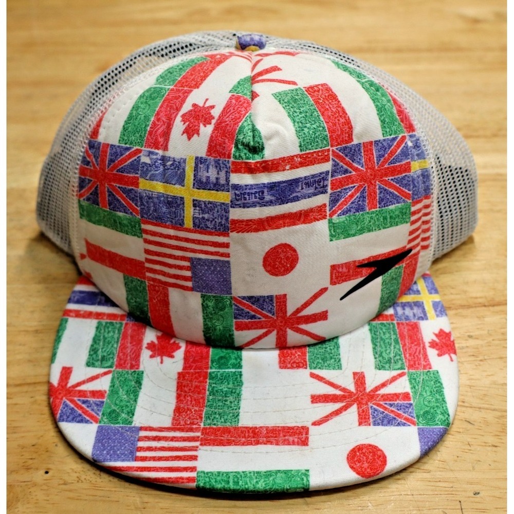 Vintage SPEEDO World Flags Olympics Snap Back Hat Trucker Foam 90s 80s USA Japan